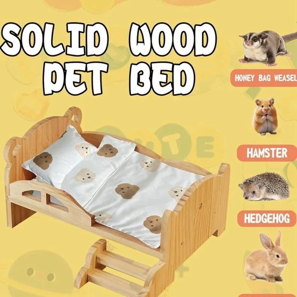 Solid Wood Hamster Bed With‎ Mini Staircase, Low Bed Frame For Small Animal